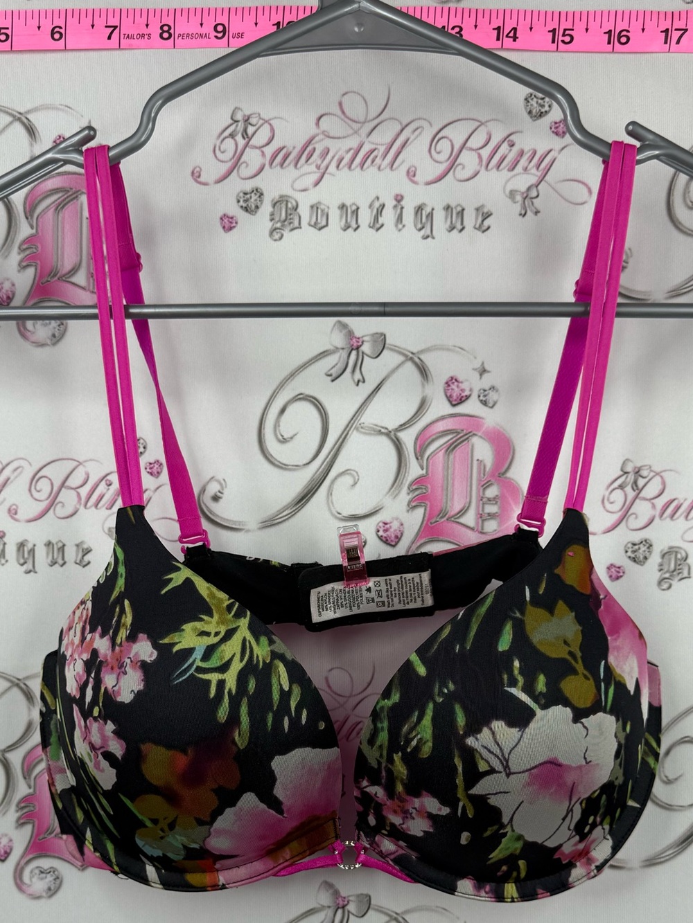 La SENZA bra Pink and Black Floral Push-Up Bra 34C rhinestone charm